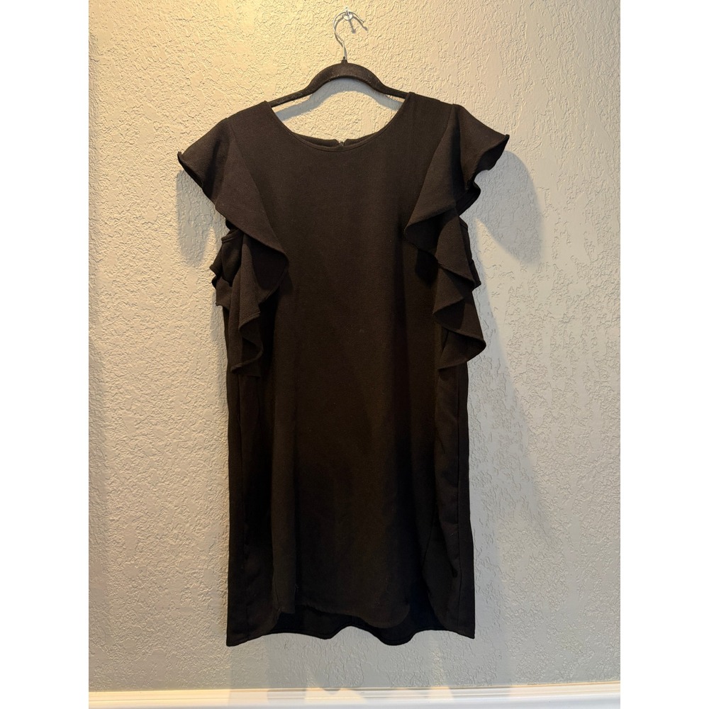 Bobeau Black Ruffle Sleeve Shift Dress Womens Medium Crepe Textured Mini LBD